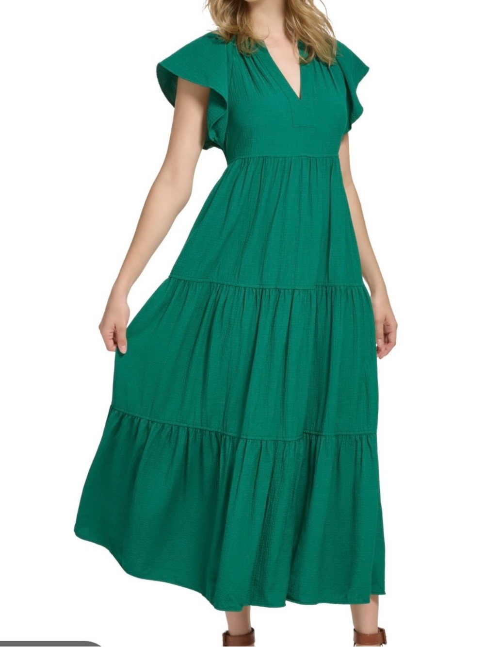 Calvin Klein Emerald Green Tiered Maxi Dress with Flutter Sleeves